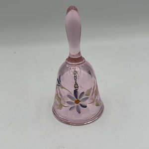 Pink Fenton Art Glass Bell Diamond Optic Hand Painted Purple Daisies Signed